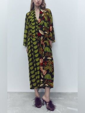 Zara Floral Leaf Print Chiffon Maxi Dress Kimono Robe Coverup